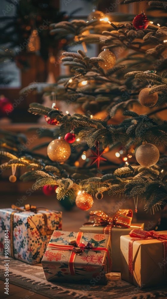 Poster a decorated christmas tree with golden and red ornaments hangs over wrapped presents placed on a rug