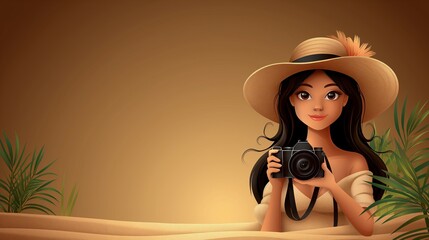 A smiling young woman adorned in a hat captures moments in a sandy oasis with her camera.