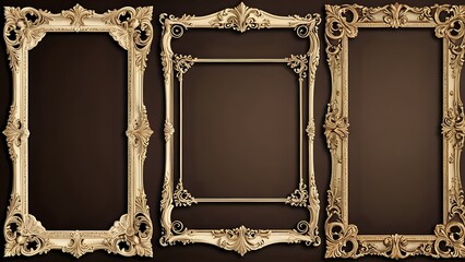 Ornate gilded frames isolated on a brown background.