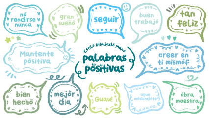 Comic style Spanish cute quote colorful speech bubble with positive words. Set of hand drawn memo frame with Spanish praise. Cartoon doodle crayon drawing cloud, box, message. Blue green Flat vector.