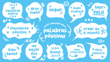Comic style Spanish cute quote colorful speech bubble with positive words. Set of hand drawn memo frame with Spanish praise. Cartoon doodle crayon drawing cloud, box, message. Blue green Flat vector.