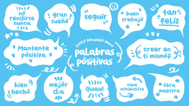 Comic style Spanish cute quote colorful speech bubble with positive words. Set of hand drawn memo frame with Spanish praise. Cartoon doodle crayon drawing cloud, box, message. Blue green Flat vector.