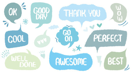 Set of positive words with colorful speech bubble. Compliment phase in variety abstract shape memo box, chat frame. Hand drawn style with crayon cute stickers label praise message.Awesome, Perfect 