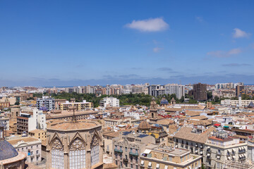 Aerial drone photo of the city centre of the Spanish city of Valencia in the Summer time showing an aerial view of the historical old buildings in the centre on a sunny day