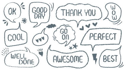Comic style cute quote outline speech bubble with positive words. Set of hand drawn memo frame. Cartoon doodle crayon drawing cloud, box, message. Flat vector. Best, Awesome, WOW, Go, Perfect, Good