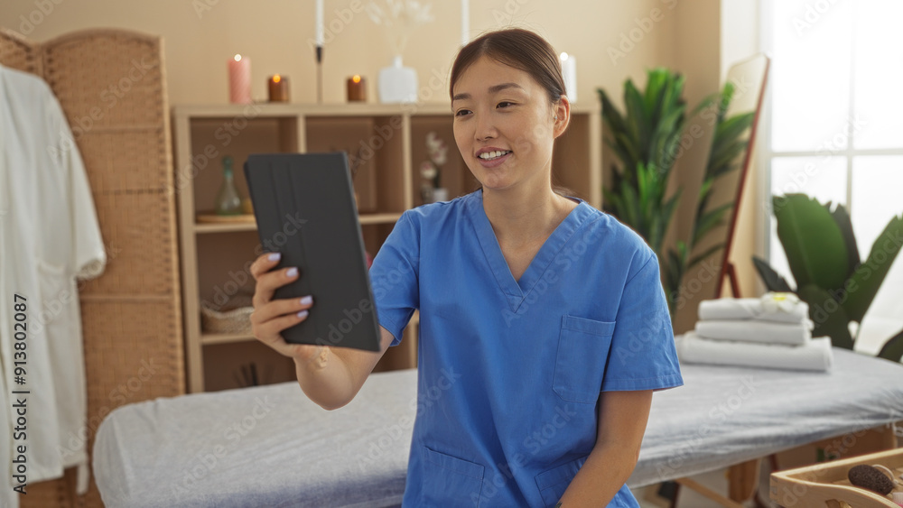 Wall mural woman smiling, beautiful, in salon spa, holding a tablet while sitting inside a wellness center with