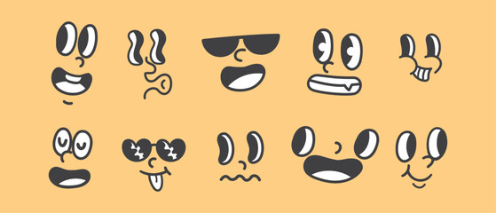 Set of Unique Cartoon Face Expressions with Different Emotions - Vector Illustration of Funny and Sad Faces with Sunglasses, Googly Eyes, and Various Mouths - Perfect for Emojis, Stickers, etc