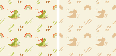 autumn dino pattern with leaves on a light background seamless print