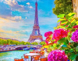 Cafe overlooking Tower in the historic center of Paris. Olympic city. Banner