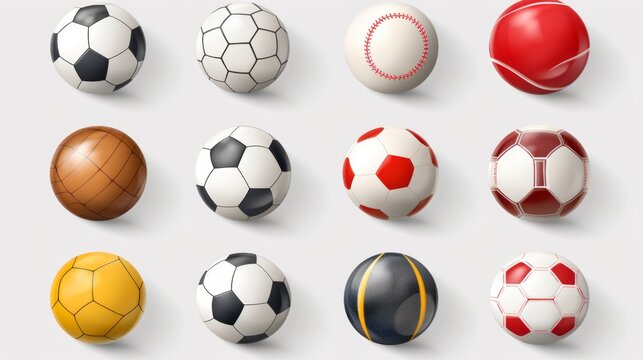 Realistic sports balls vector big set isolated on transparent background, including football, basketball, soccer ball, tennis ball, golf ball, volleyball, rugby ball, baseball, bowling ball, and billi