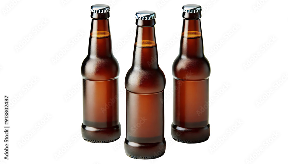 Poster three brown beer bottles on a transparent background. two bottles are standing upright next to each 