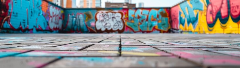 Vibrant urban graffiti art on a brick wall in an alleyway, showcasing colorful street culture and artistic expression.