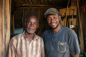 Two smiling men pose inside a workshop, showcasing a friendly and professional atmosphere.