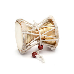 Lord Shivas Damaru or a two-headed Drum musical instrument. Isolated on a white background.