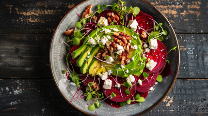 a gourmet avocado and beetroot salad, topped with sunflower sprouts, feta cheese, and walnuts, set against a dark wooden table