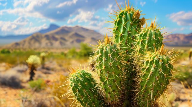 A close-up of a large, green cactus plant with long, sharp spines growing in the Mojave Desert. The plant is in the foreground, with a hazy view of mountains and desert vegetation in the background. T