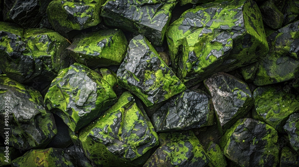 Poster a close-up shot of a collection of smooth, dark rocks covered in a vibrant green moss. the rocks app
