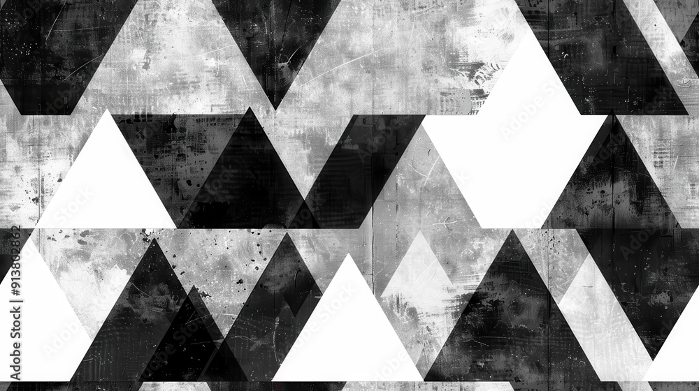 Poster A seamless pattern of black and white triangles set against a grey background with a distressed texture. The pattern is abstract and modern, with a graphic and geometric feel.