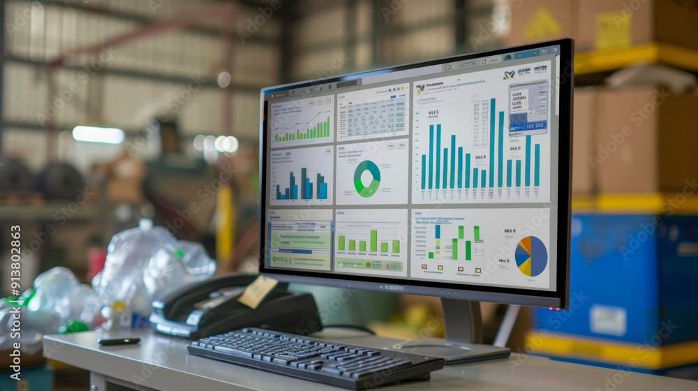 Poster professional office presentation slide highlighting waste sorting initiative with detailed graphs an