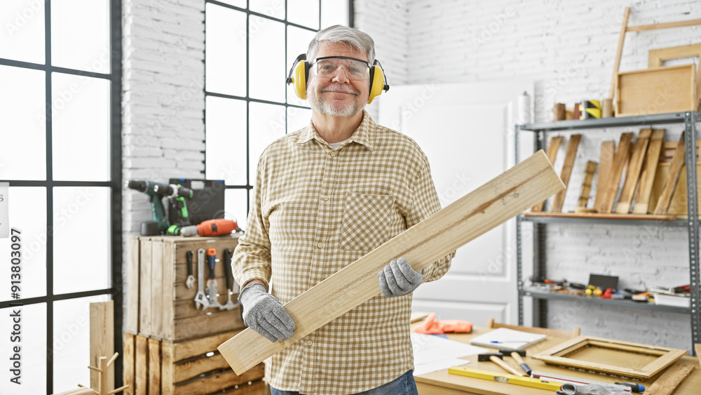 Wall mural Smiling mature man holding lumber in a bright, well-equipped carpentry workshop.