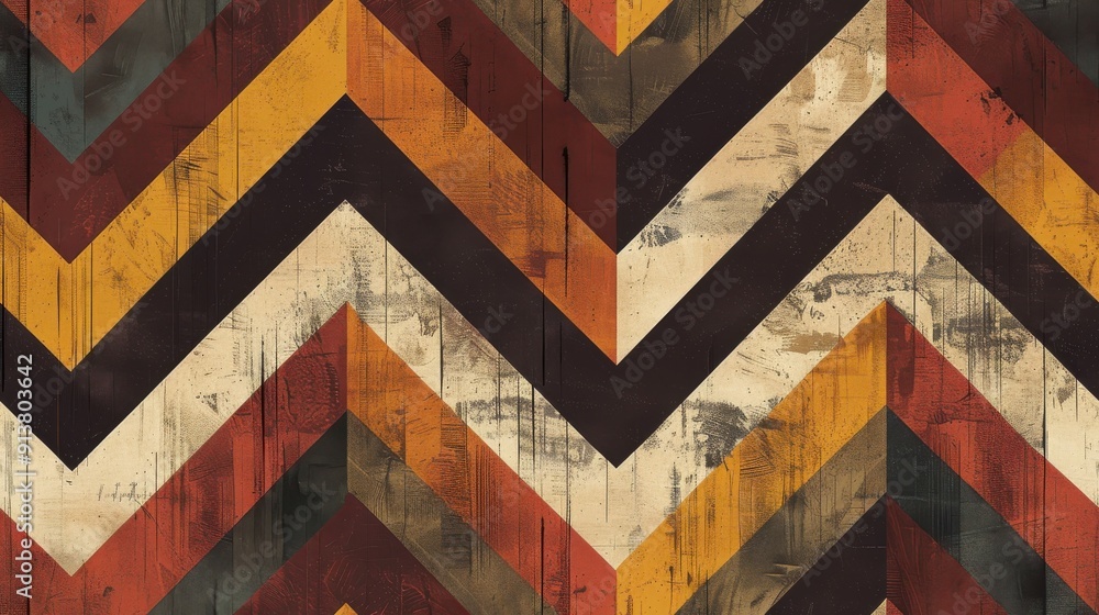 Poster the image shows an abstract geometric pattern of colorful chevron stripes in hues of red, yellow, an