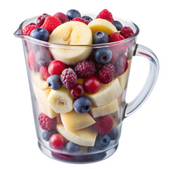 A fruit salad in a plastic container on transparent background