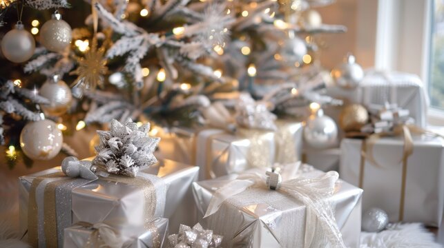 A decorated Christmas tree with twinkling lights stands in the background of a festive scene. The tree is adorned with ornaments and snow-covered branches. In the foreground, a table is covered in bea