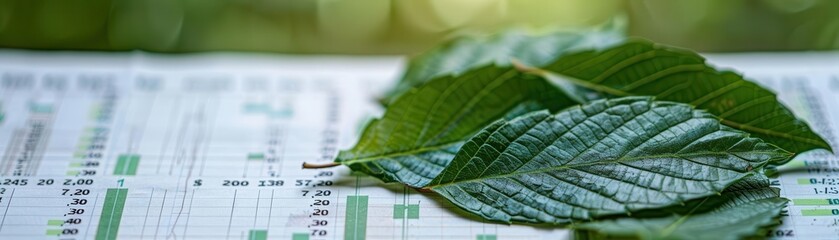 Fototapeta premium Leaves on a financial document with green graphs, sustainable investment, environmental growth, copy space for text,