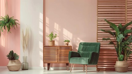 A living room with pink walls, white floors and wooden slats on the wall, a green armchair placed next to an open cabinet