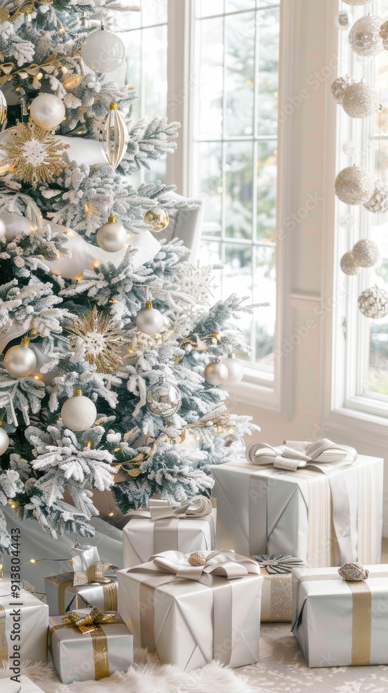 Poster a snow-frosted christmas tree decorated with white and gold ornaments, and white lights, stands in f