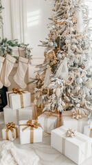 A snow-frosted Christmas tree adorned with white and gold ornaments and pearl bead garlands stands in a white room, with wrapped white gifts tied with gold ribbon resting on the floor nearby.