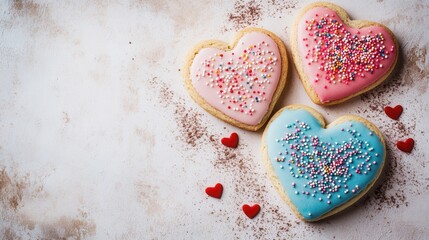 Obraz premium Heart-Shaped Cookies: Heart-shaped cookies with colorful icing and sprinkles.