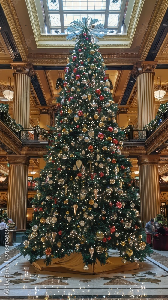Poster a tall christmas tree decorated with an array of ornaments stands in a grand lobby, its twinkling li