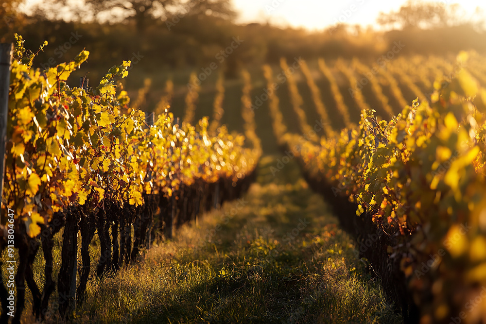 Sticker Golden Hour Sunset Over Autumn Vineyard with Peaceful Landscape