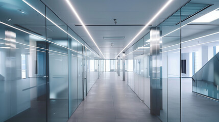 A photo of the interior space in a modern and minimalist style with glass walls and doors on both sides of an empty office corridor