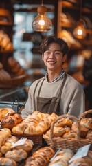 An Asian worker sells bread in a bakery