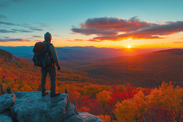Fototapeta premium Hiker Enjoying a Stunning Autumn Sunset atop Mountain with Fall Foliage 