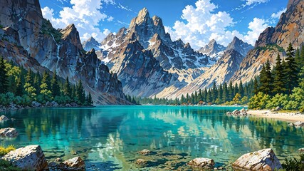 The crystal clear lake shimmers under the watchful gaze of majestic mountains, reflecting their towering peaks and verdant slopes