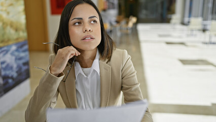 A thoughtful young hispanic woman in professional attire poses against a yellow background, exuding confidence and poise.