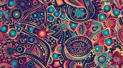 A vibrant abstract pattern featuring bright, bold colors and intricate designs. The background is a deep blue, overlaid with swirls, circles, and flowers in various shades of red, orange, yellow, and 