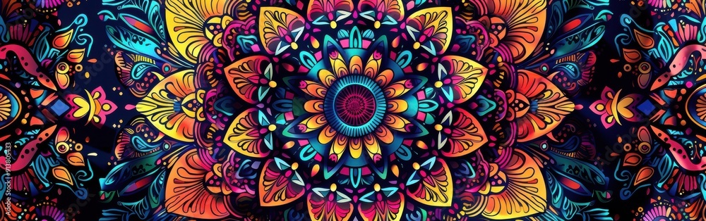 Aufkleber a vibrant and intricate mandala pattern featuring a central flower with multiple petals surrounded b