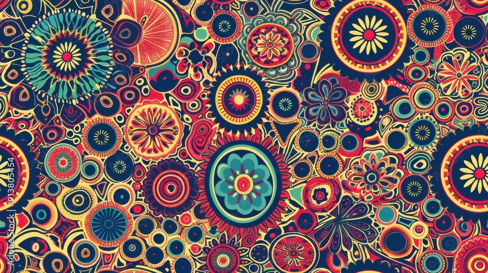 Poster a repeating pattern of colorful abstract flowers, geometric shapes, and circles. the background is a