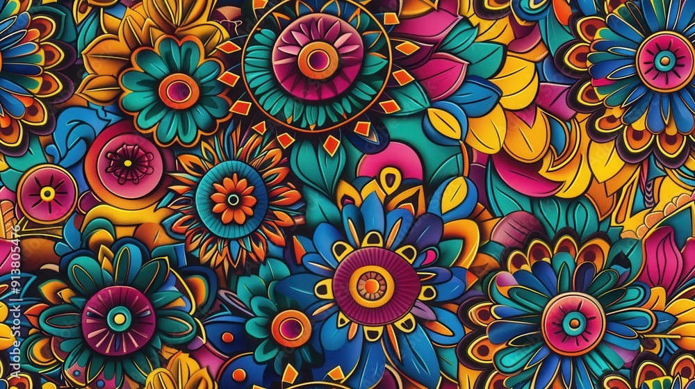 Aufkleber A seamless pattern featuring an array of vibrant, stylized flowers and leaves in a multitude of colors, creating a visually captivating and intricate design.