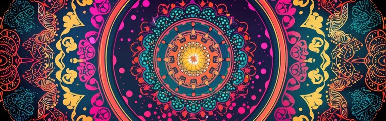 This image features a circular mandala pattern in bright colors, including yellow, orange, red, pink, blue, and green. The pattern is centered on a dark blue background, which is adorned with small pi