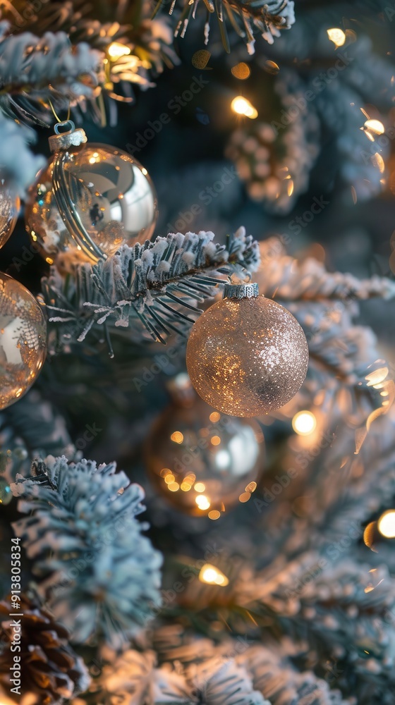 Poster a close-up view of a decorated christmas tree branch, showcasing a frosted pine bough adorned with s