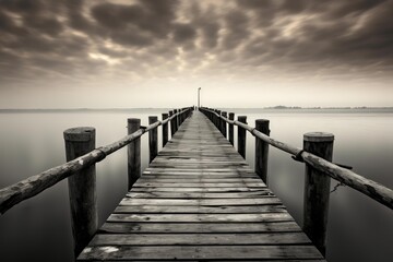 Fototapeta premium Long exposure of a tranquil wooden pier leading out into a peaceful, misty lake under a cloudy sky