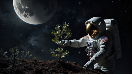 Fototapeta premium Astronaut Tends Olive Plant on the Moon: A Vision of Life Beyond Earth
