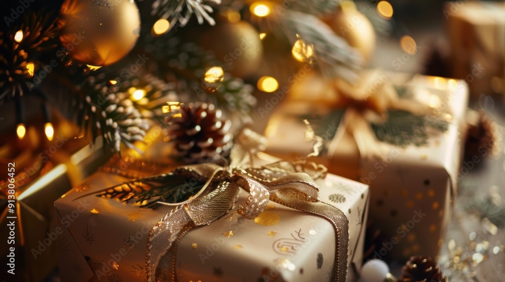 Poster a close-up view of multiple wrapped presents sitting underneath a christmas tree decorated with orna