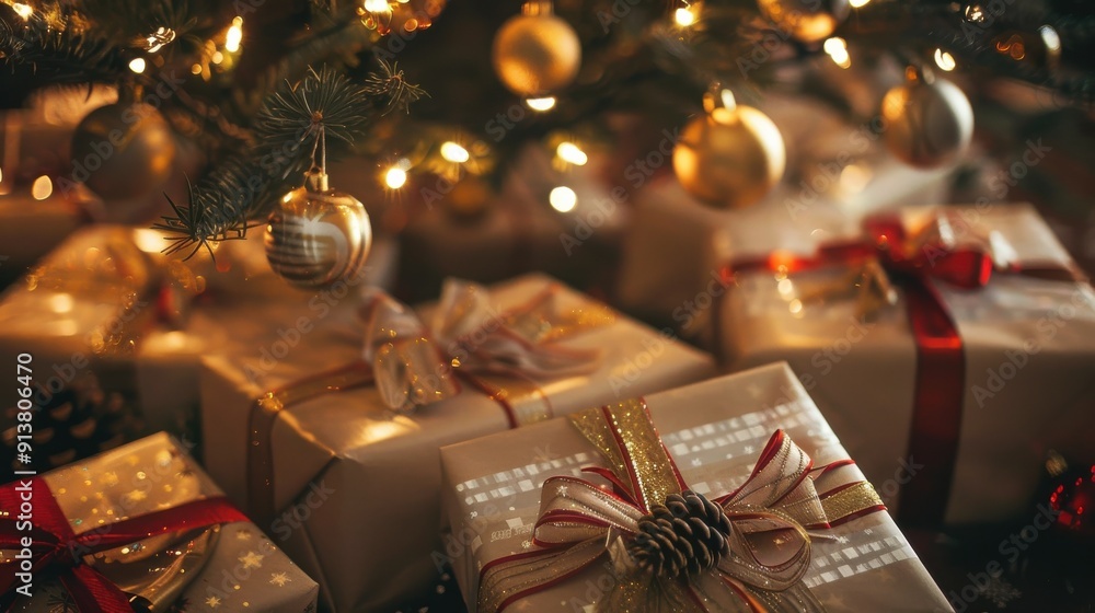 Poster a close-up image of presents wrapped in brown paper with red and gold ribbons under a christmas tree
