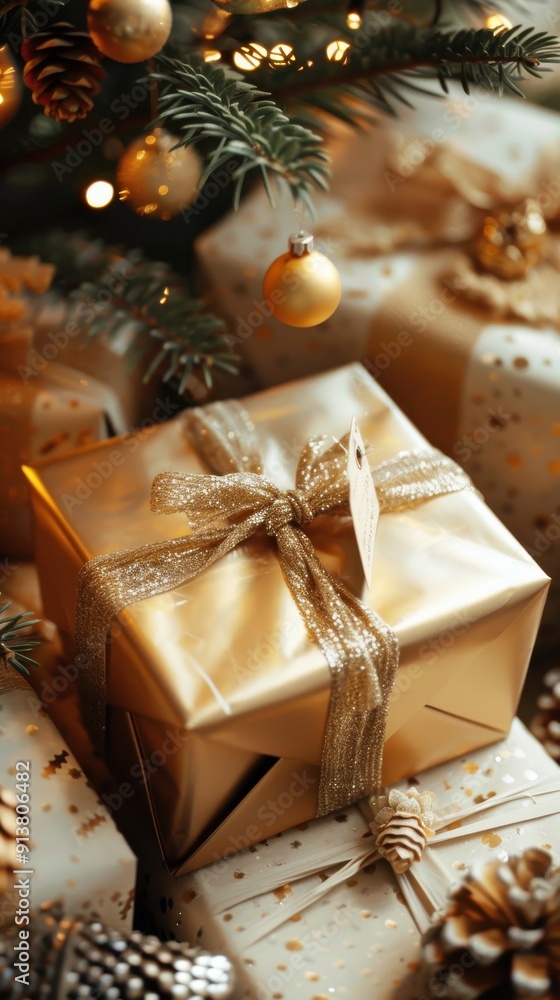 Poster a golden gift box tied with a sparkly ribbon sits under a christmas tree decorated with golden ornam